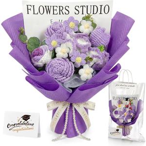 Giegxin Graduation Crochet Flower Bouquet Set, Class of 2026 Handmade Knitted Bouquet Artificial Flower of Rose Romantic Congrats Grad Gift for Her Girlfriend Mom Wedding Appreciation Gift(Purple)