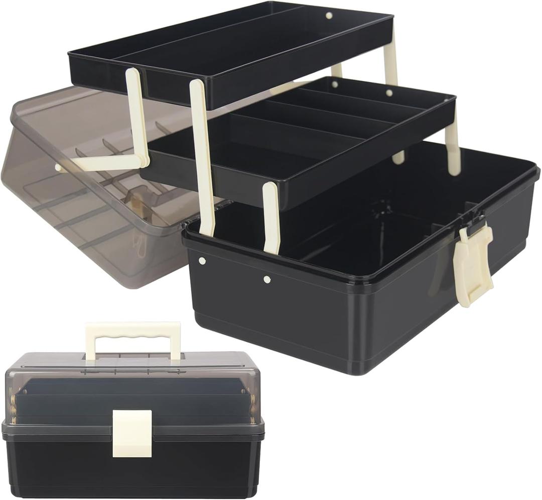 WEWLINE 13-Inch Art Storage Box 3-Layers Plastic Storage Box with Handle Craft Art Bin Portable for Home School Office Travel, Black