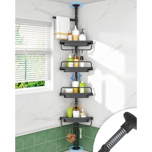 ALLZONE Rustproof Shower Caddy Corner for Bathroom,Bathtub Storage Organizer for Shampoo Accessories,4-Tier Adjustable Shelves with Tension Pole, 39 to 113 Inch, Black