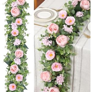 Betylifoy 2 Pack 12Ft Pink Flower Garland Artificial Eucalyptus Flower Garlands Fake Peony Rose Floral Vines Silk Hydrangea Hanging Vine Greenery Garland for Wedding Party Table Wall Backdrop Decor