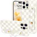 NITITOP Compatible with iPhone 15 Pro Case with Wrist Strap Kickstand Cute Trendy Checkerboard Plaid for Women Girls Slim Fit TPU Silicone Shockproof Full Camera Protective Cover - White