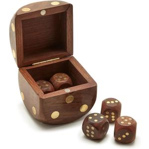 Two's Company Wood Crafted Dice Box with 6 Dice, Acacia Wood, 2.5-inches Square, Brown