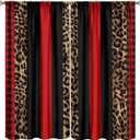 Leopard Print Curtains Red And Black Cheetah Buffalo Plaid African Wildlife Brown Skin Geometric Splicing Pattern Printing Bedroom Living Room Rod Pocket Window Drapes 2 Panels W42xl45 Inch Decor (Style-8)