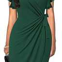 oten Womens Deep V Neck Ruffle Sleeve Sheath Casual Cocktail Party Work Faux Wrap Dress (Dark Green, XL)