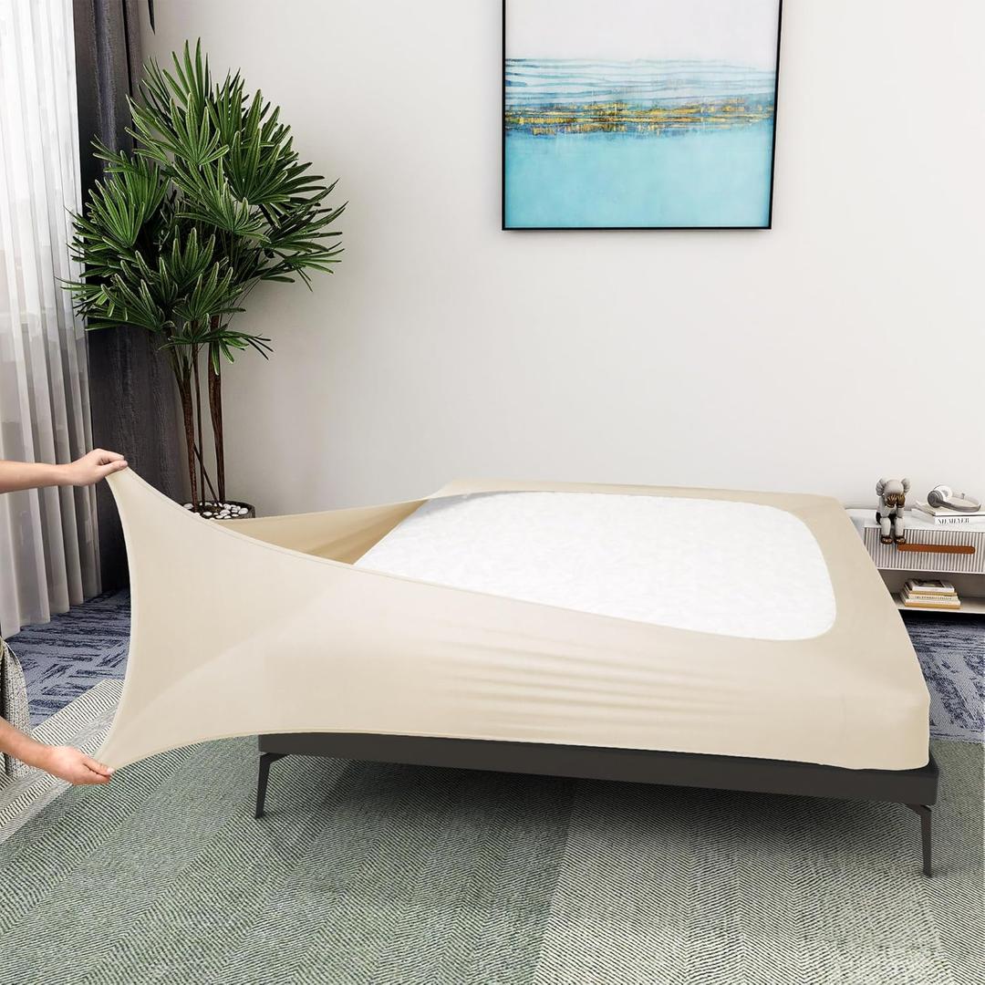 Box Spring Cover Queen Size - Jersey Knit & Stretchy Wrap Around 4 Sides Bed Skirt for Hotel & Home - Queen/Queen XL, Beige