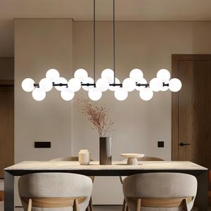 Modern Linear Chandelier 22-Light White Glass Globe Island Pendant Light | 70 Inch Large Black Sputnik Linear Chandelier, Dining Room Chandelier Over Table, Sputnik Light Fixture, Adjustable Height