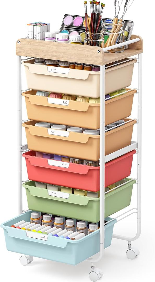 Rolling Storage Utility Cart with 6 Drawers,Art Supply Craft Organizer,Sewing Makeup Organizer and Storage,Office Organization Wooden Tabletop,Dark Tangerine Watermelon