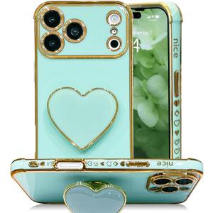Cute Case for iPhone 17 Pro Max 6.9'', Green Plating Luxuly Phone Heart Case with Love-Heart Kickstand, Soft TPU Shockproof Protective Cover for Girls and Women