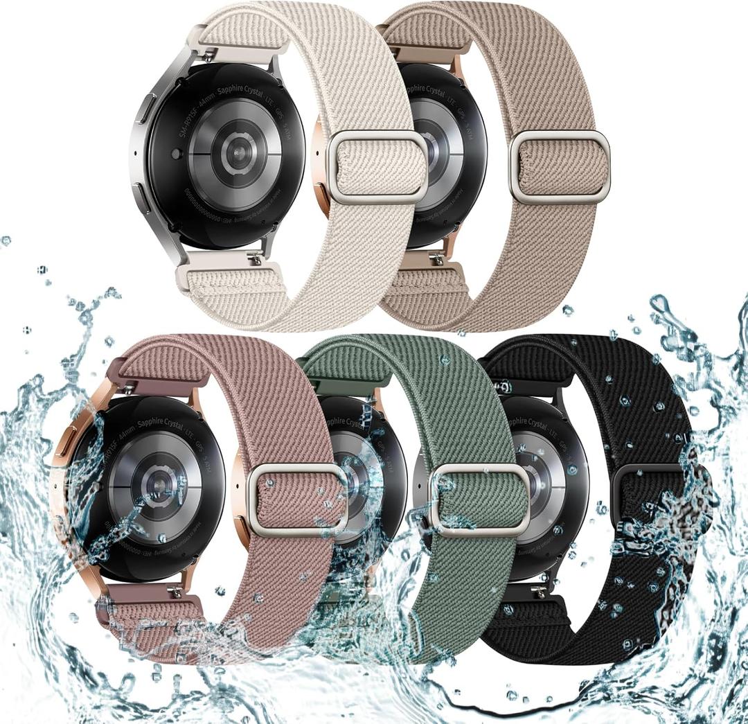 5 Pack Stretchy Bands Compatible with Samsung Galaxy Watch 7 6 5 4 FE Band 40mm 44mm 45mm/Watch 6 4 Classic 4 42mm 46mm 43mm 47mm/Active 2, 20mm Water-Resistant Elastic Nylon Sport Strap (Starlight/Milk Tea/Pink/Cactus/Black)