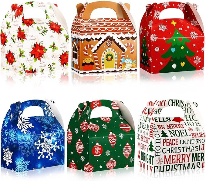 42 Pcs Christmas Goody Gift Box Christmas Cookie Treat Box with Handle 3D Xmas Gift Wrap Box for Christmas Holiday Party Supplies Favors, 6 Designs(Complex Style, Assorted Color)