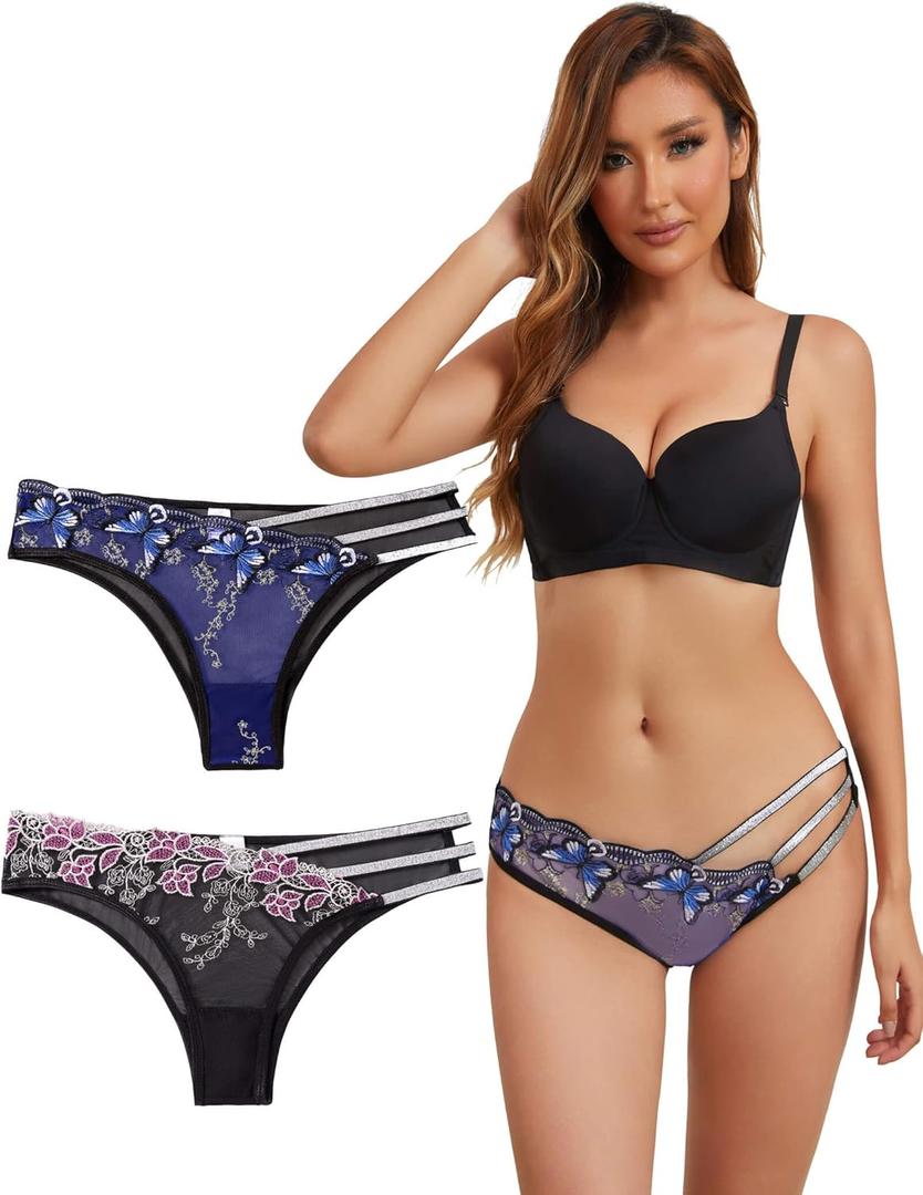 Women's Sexy Panties Butterfly Flower Embroidered Underwear Mesh Panties Glitter Waist Band Panty Pack of 2, S