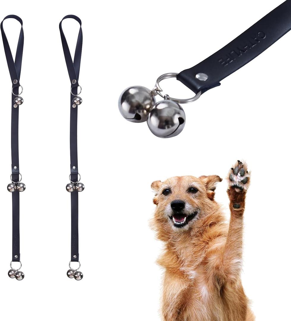 Leather Dog Doorbells for Door Knob, Adjustable Brass Potty Training Bells for Puppy to Go Outside, Easy Dog Door Bell for Potty Training (Black Leather Silver Bells - 2 Pack)