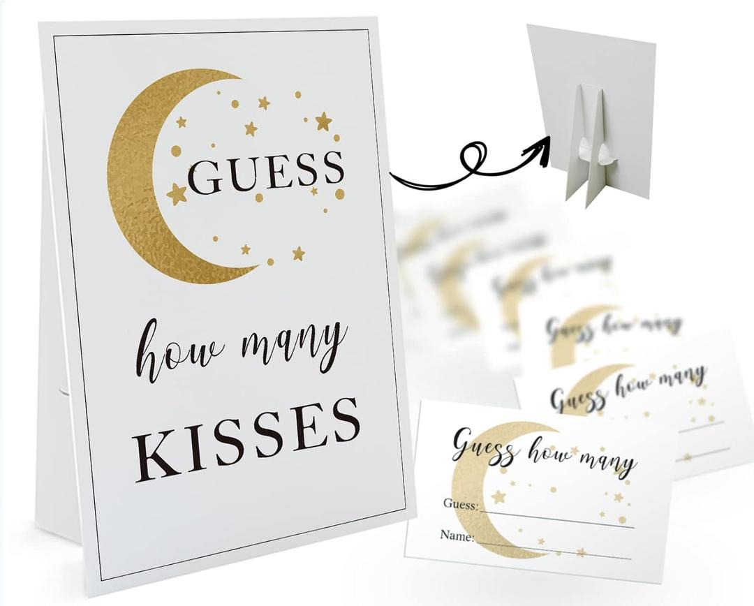 How Many Kisses Are in the Jar Game-1 Standing Sign and 50 Guessing Cards, Golden Moon Bridal Shower Games, Baby Shower Sign, for Boys Girls Baby Shower Favors and Weddings Party Decoration-18