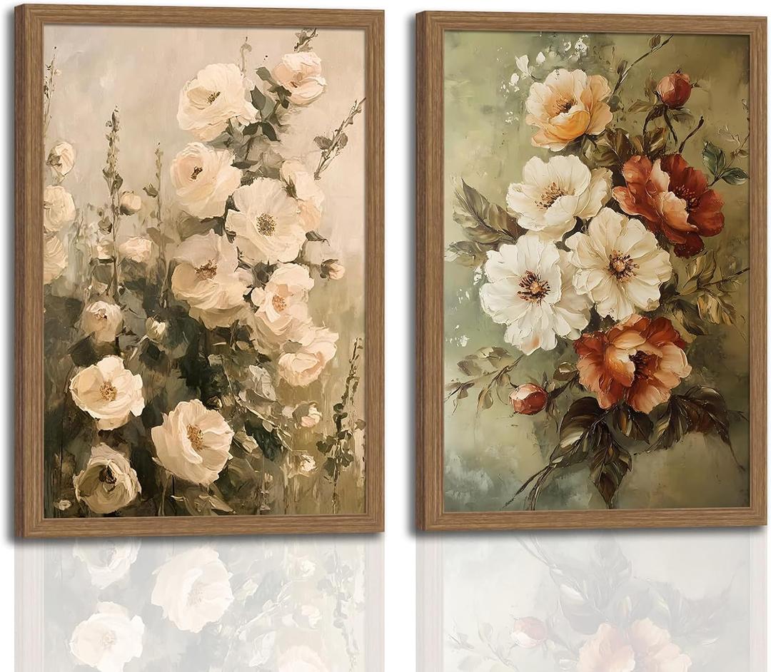 Vintage Floral Wall Art Decor Rustic Cottagecore Floral Canvas Art Prints Framed Farmhouse Country Botanical Flower Pictures Wall Decorations for Home Bedroom Living Room 16x24In Ready to Hang