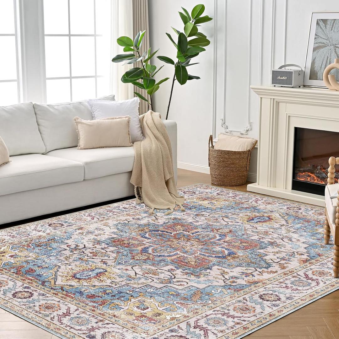 9x12 Area Rugs for Living Room, Washable Large Area Rugs Non-Slip and Non-Shedding, Boho & Vintage Area Rug for Bedroom, Kitchen, Dining Room (Brick Red/Multi 9'x12')