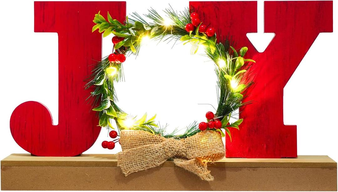 Christmas Decorations for Home LED Lighted JOY Decor Farmhouse Wooden Wreath Tabletop Merry Christmas Signs Rustic Holiday Block Indoor Decorative Sign