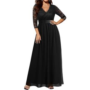 Pinup Fashion Wedding Dresses for Bride Plus Size - Formal Evening Gown Wrap Neck Lace Chiffon Long Dress (Black, XL)