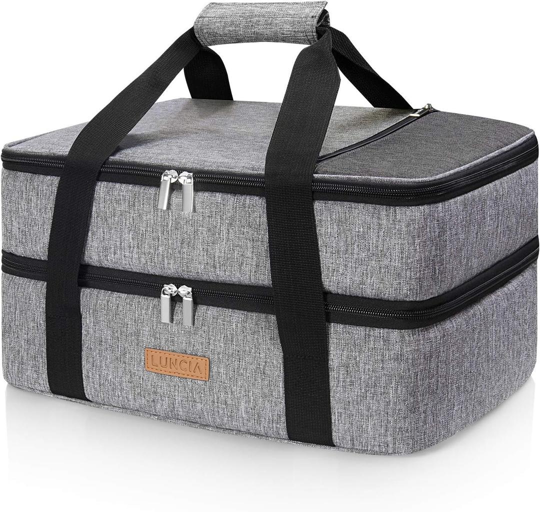 Double Decker Insulated Casserole Carrier for Hot or Cold Food, Lasagna Holder Tote for Potluck Parties/Picnic/Cookouts, Fits 9"x13" Baking Dish, Grey (15.7 x 11.4 x 8.3inch, Gray)