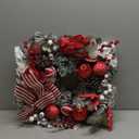 FairyLee Pre-Lit Artificial Christmas Wreath for Front Door, 24 Inch Battery Operated with LED Lights, Red Bow Berries and Pine Cones for Indoor, Outdoor Holiday Decor Window, Mantel, Wall,Red & White