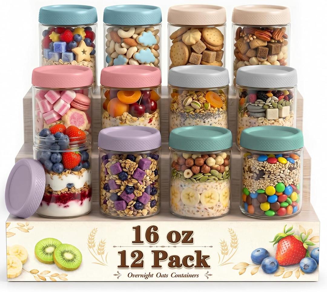 Overnight Oats Containers with Lids, Mason Jars 16 oz, Glass Storage Jars