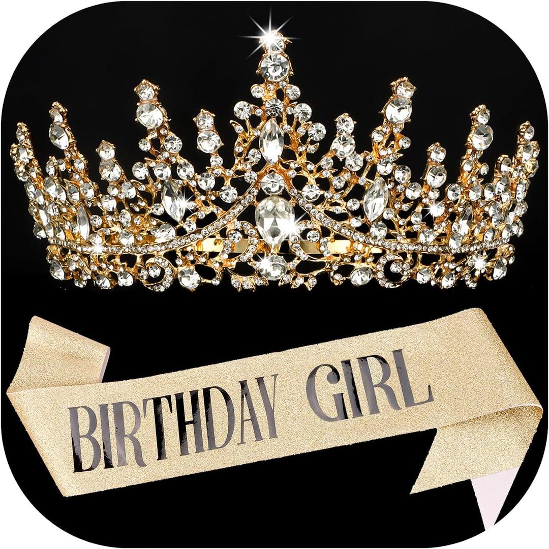 COCIDE BIRTHDAY GIRL Sash for Women Happy Birthday Sashes and Crowns for Girls Crystal Tiaras for Princess Gold Party Decoration for Gift Headband Supplies Accessories Favors