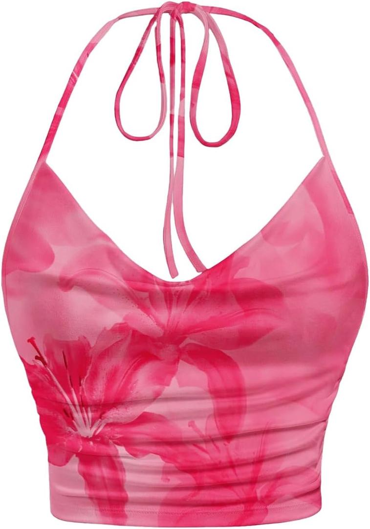 SHENHE Women's Y2k Floral Halter Crop Top Backless Slim Fit Vintage Aesthetic Going Out Tank (Medium, Multicolor Pink)