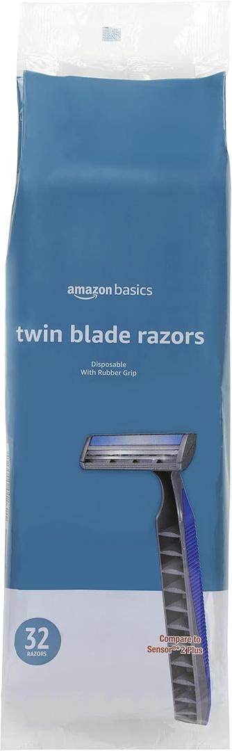 Amazon Basics Twin Blade Pivoting Disposable Razors with Rubber Grip for Great Grip When Wet, Travel-Friendly, 32 Count, 1-Pack (Previously Solimo)
