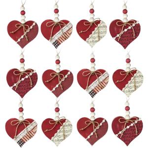 Leinuosen 12 Pcs Independence Day Tree Decorations Patriotic Vintage Red Heart Ornaments Retro Love Music Score Striped Star Design with Lace and Beads Romantic Hanging Decor for Home Wedding Party