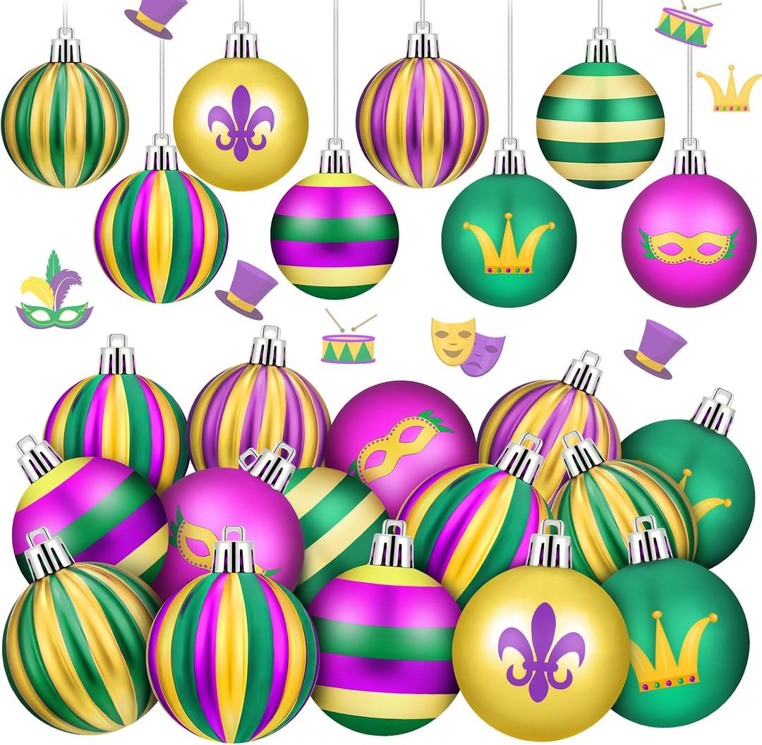 Libima 40 Pcs Mardi Gras Ball Ornaments Hanging Mardi Gras Purple Green Gold Ball Plastic Shatterproof Tree Ornaments for New Orleans Carnival Masquerade Home Indoor Party Decoration