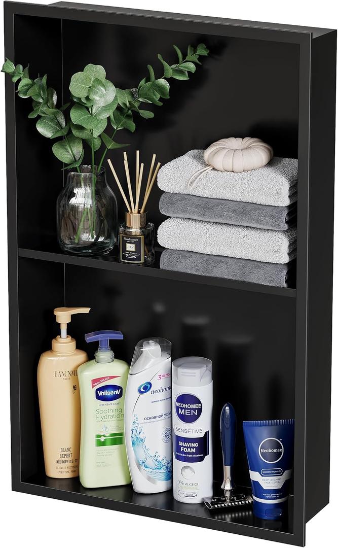 Black Recessed Shower Niche with Shelf -2 Tier Stainless Steel Bathroom Wall Niche No Tile Needed, Easy Install, Waterproof Organizer(Matte Black, 14x24In)