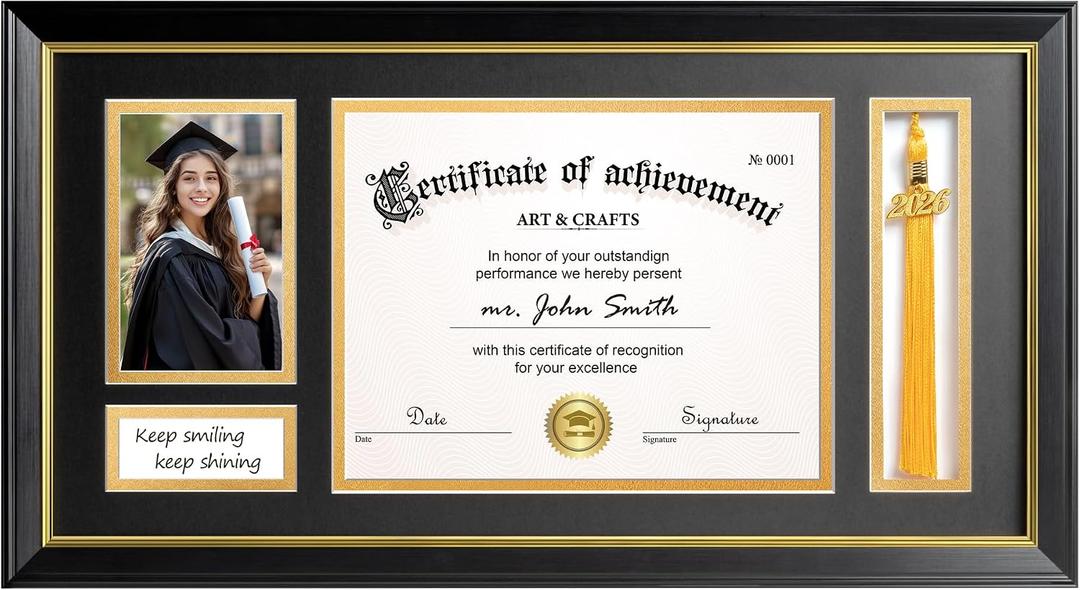Yaetm 11x22 Diploma Frame with Tassel Holder for 8.5x11 Certificate Document & 4x6 Photo with High Definition Glass, Black Mat Over Gold Acid-free Mat, Black Graduation Frame 2026