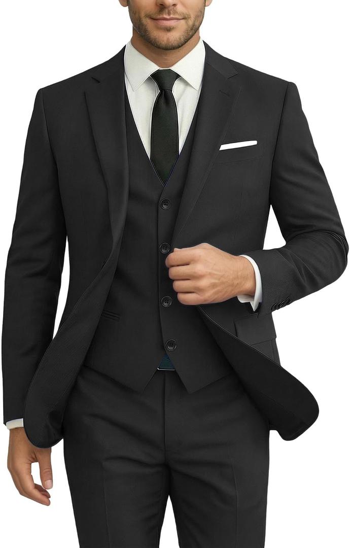 Men Suits 3 Pieces Set Slim Fit Wedding Suit Groomsmen Prom Suit Tuxedo Business Formal Casual Groom Suit Jacket Blazer Pants (Black, M)