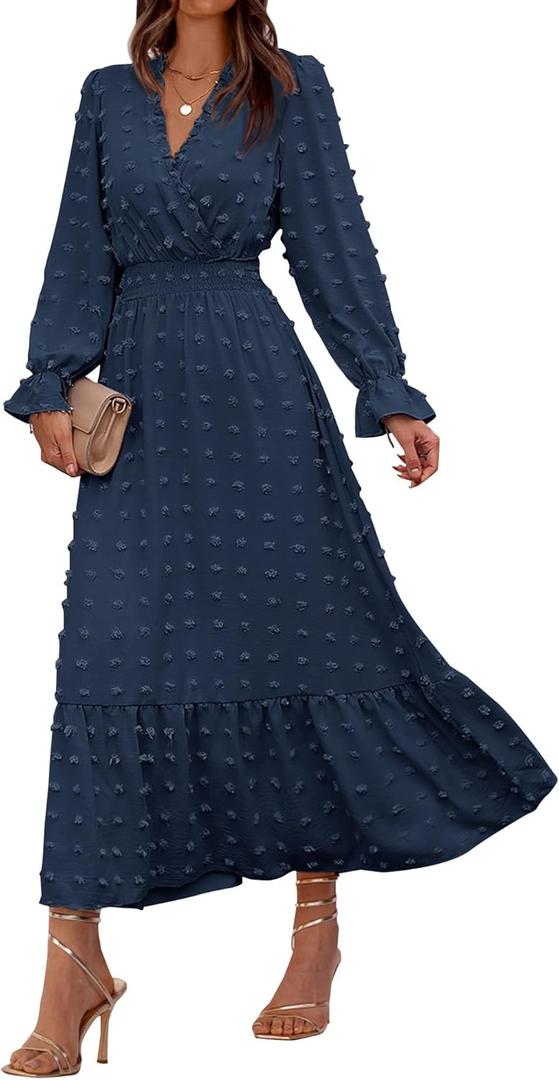 BTFBM Women Spring Dresses 2025 Long Sleeve V Neck Swiss Dots Maxi Dress Boho Long Dress High Waisted A-Line Ruffle Dress, L