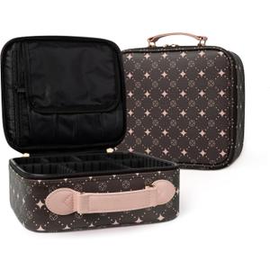Travel Makeup Bag,Waterproof Cosmetic Organizer, Adjustable Dividers,Portability Cosmetic Train Case,Makeup organizer,Gift for Women,Girls Gift (Coffee+Pink)