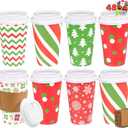 JOYIN 48 Pcs 16 oz Christmas Disposable Cups with Sleeves and Lids, 6 Designs Xmas Drinking Paper Cup For Hot Chocolate Coffee Cold Beverage Holiday Tableware Winter Party Supplies Favors