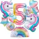 Unicorn Birthday Decorations for Girls, 10pcs Unicorn Balloons Set with Rainbow, Heart and Number 5 Foil Balloons for 5th Birthday Party Decorations