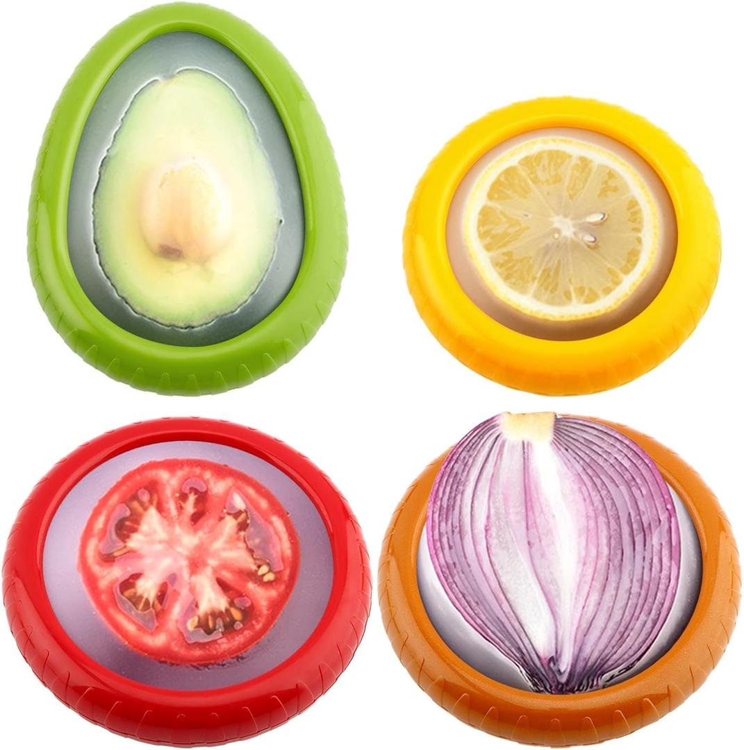 Avocado Saver and Tomato Holder - Set of 4 Reusable Storage Containers for Fridge - Ideal for Garlic, Onions, Lemons, and Potatoes (Red, brown, Green, Yellow)