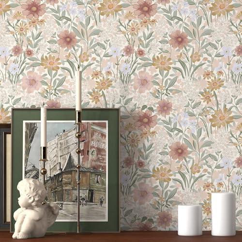 Peel and Stick Wallpaper Floral Contact Paper Boho 17.3"x78.8" Vintage Self-Adhesive Wallpaper Beige Removable Decorative Contact Paper for Cabinets and Drawers Bathroom Wallpapers Vinyl Roll