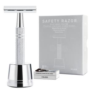 Double Edge Safety Razor with Stand, Single Blade Razors for Men and Women, Metal 1 Blade Razor, with 10 Platinum Coated Stainless Steel Double Edge Blades, Smooth and Close Shave, Silver