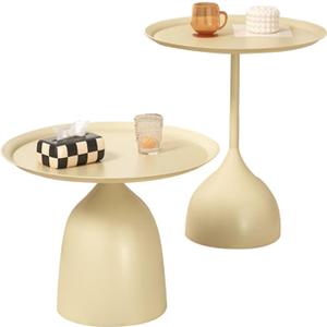Modern Fluted Drum Coffee Table Set: Round Accent End Table, Beige