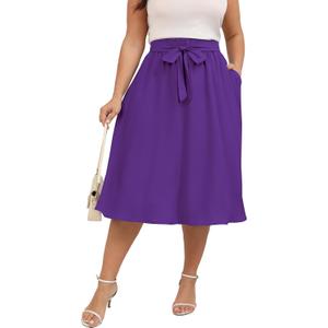 Xpenyo Womens Plus Size Midi Skirts Summer Elastic High Waisted Boho Casual Beach Flowy Swing Knee Length Skirts with Pockets (Purple, XXXL)