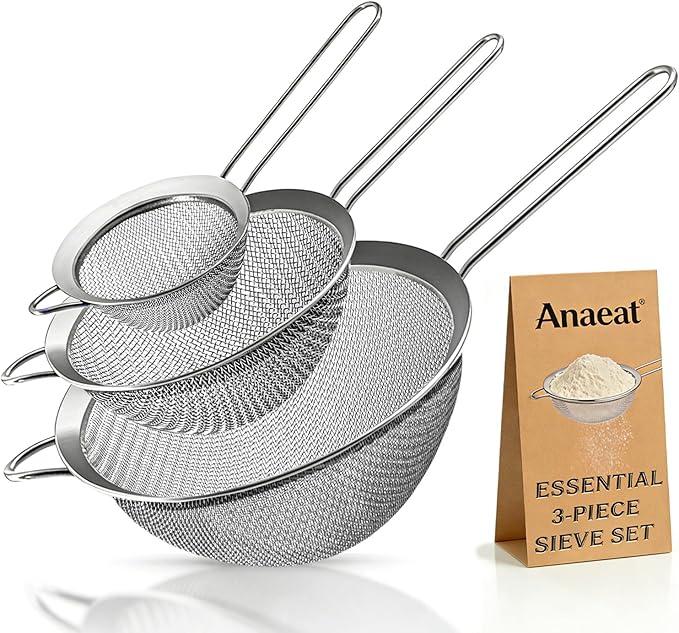 Anaeat Fine Mesh Strainers  Premium Stainless Steel Colander Sieve Sifters, with Durable Mesh and Sturdy Handle, Excellent for Sifting Dry ingredients, Flour, Pastas, Rice, Tea (3.15"+5.5"+7.87")