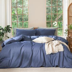 MooMee Bedding Duvet Cover Set 100% Washed Cotton Linen Like Textured Breathable Durable Soft Comfy (Heathered Blue, King 104"x90")
