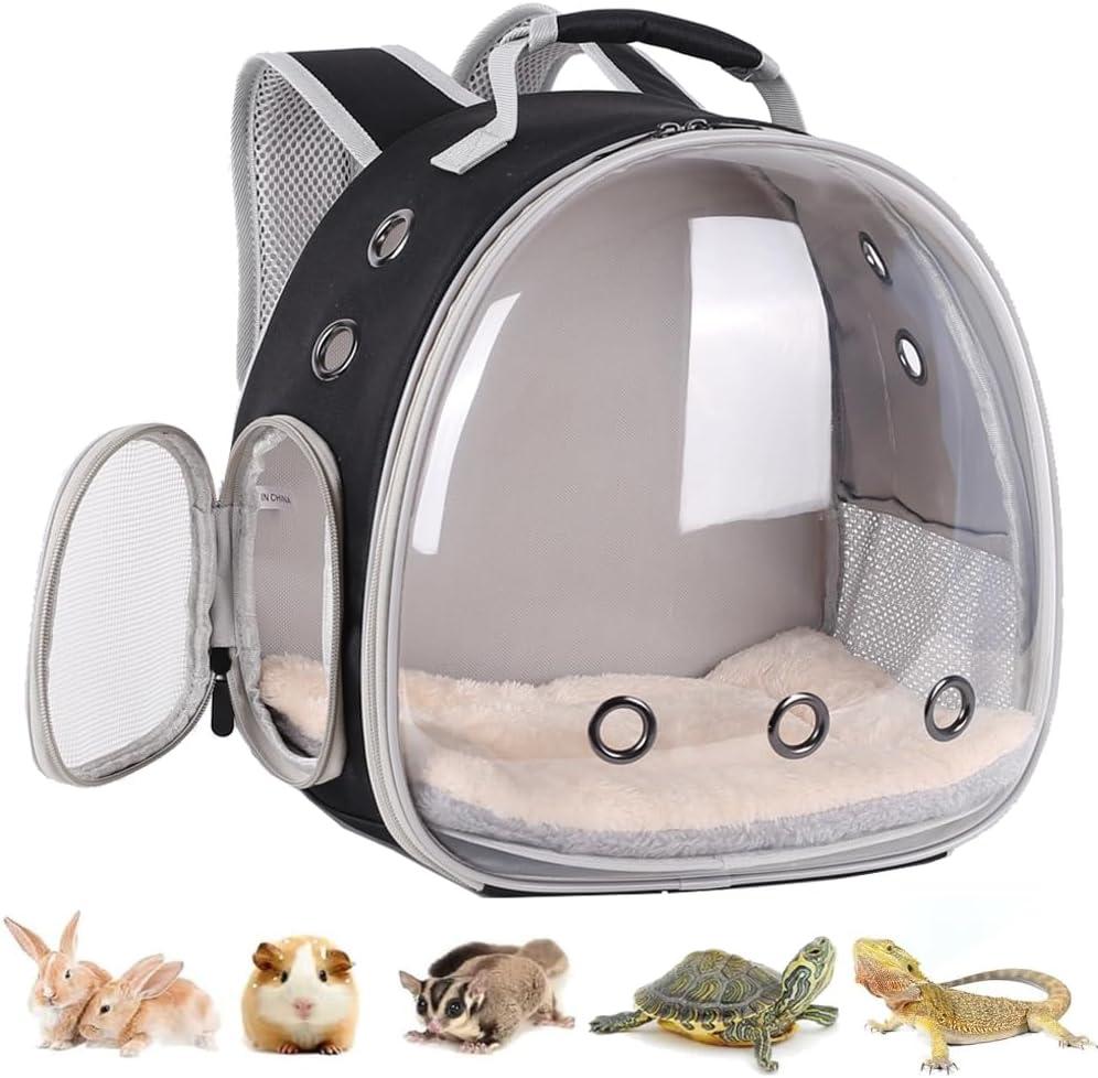 Portable Small Animal Backpack Travel Breathable Pet Carrier Bag Cages for Guinea Pig, Rabbit, Bearded Dragon, Squirrel, Tortoise, Bird, Lizard, Sugar Glider (Black)