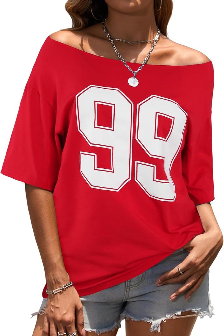 SOFIA'S CHOICE Women Off Shoulder T Shirt Oversized Cotton Graphic Tee Slouchy One Shoulder Top Loose Summer Shirt Red Number Medium (Red, M)