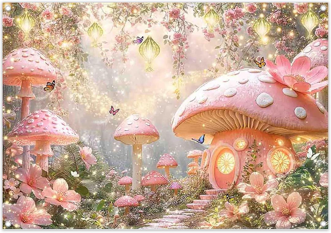 7x5ft Pink Mushroom House Forest Backdrop Glitter Fairy Tale Wonderland Flower Butterfly Lamp Photography Background Kids Birthday Party Decor Photo Booth Banner