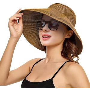 Sun Visor Hat for Women, Wide Brim Straw Summer UV Protection Hat, Foldable Roll-up Packable Beach Cap