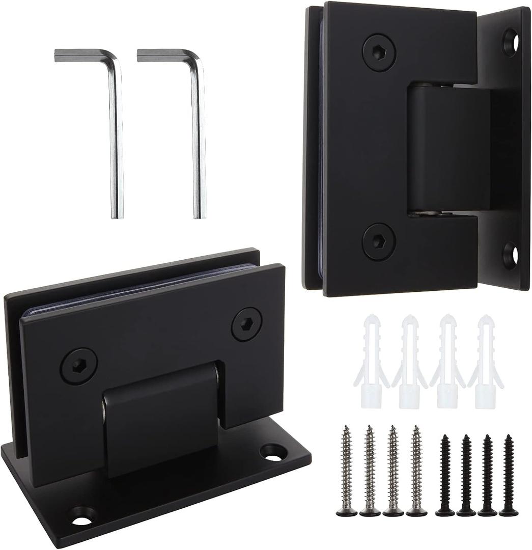 2Pack Glass Shower Door Hinges, 90 Degree Shower Hinges Replacement Parts with Mounting Hardware, Stainless Steel Bathroom Gate Clamp for 3/8 to 1/2Glass, Black