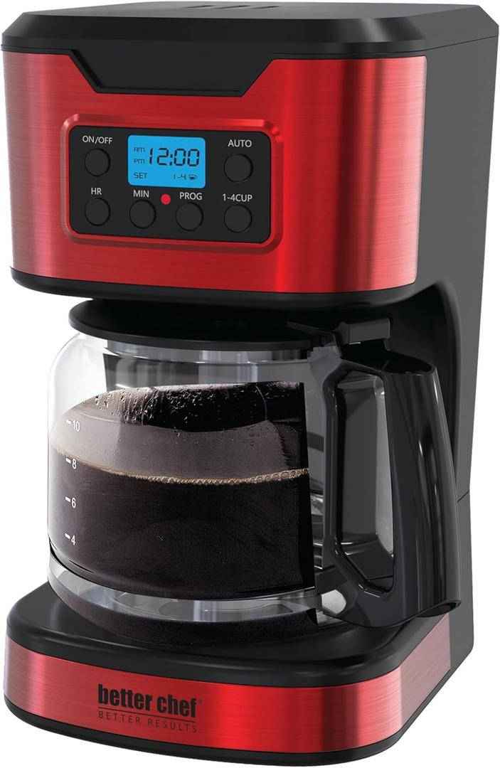 Better Chef Programmable 12-Cup Coffee Maker | 1-4 Cup Setting | Auto-Pause to Serve | 2hr Keep Warm | Perma-Filter | Stainless (Red)