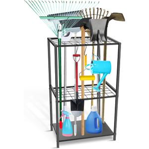 Garden Tool Organizer - Yard Tool Storage and Organizers, Utility Rack with 3 Hooks, Garden Yard Tool Stand Tower Racks, Tool Holder for Broom, Shovel, Rake, Mop, Garage Organization, Black